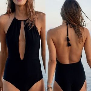 Aerie black plunging halter one piece